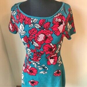 Anthropologie MAEVE Sweater Dress Allison Floral Teal Red Flowers Short Sleeve